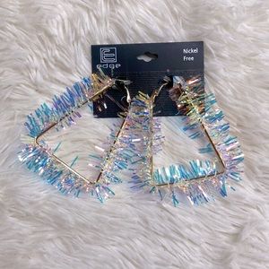 Edge Blue Iridescent Gold Triangle Hoop Earrings